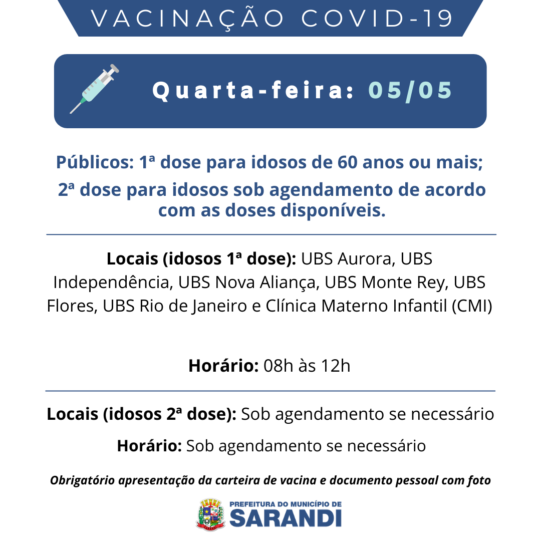 Cronograma de Vacinação contra Covid-19 - Quarta-feira - 05/05/2021